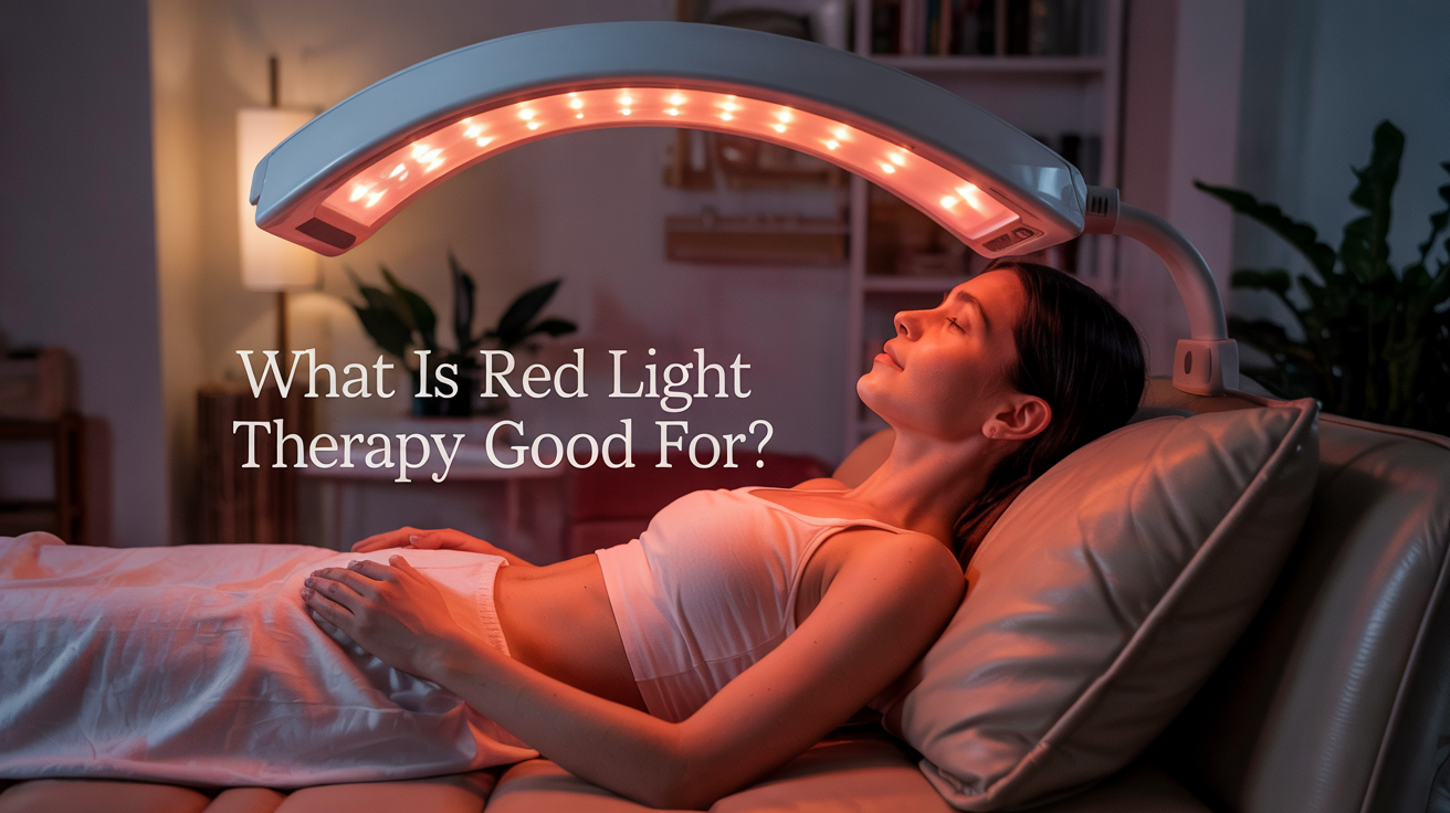 A woman lying down in front of a red light therapy panel.