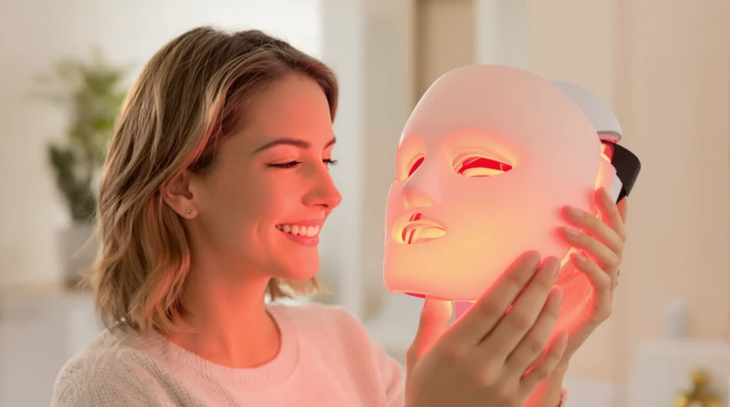 a woman holding a red light therapy mask in her hands.